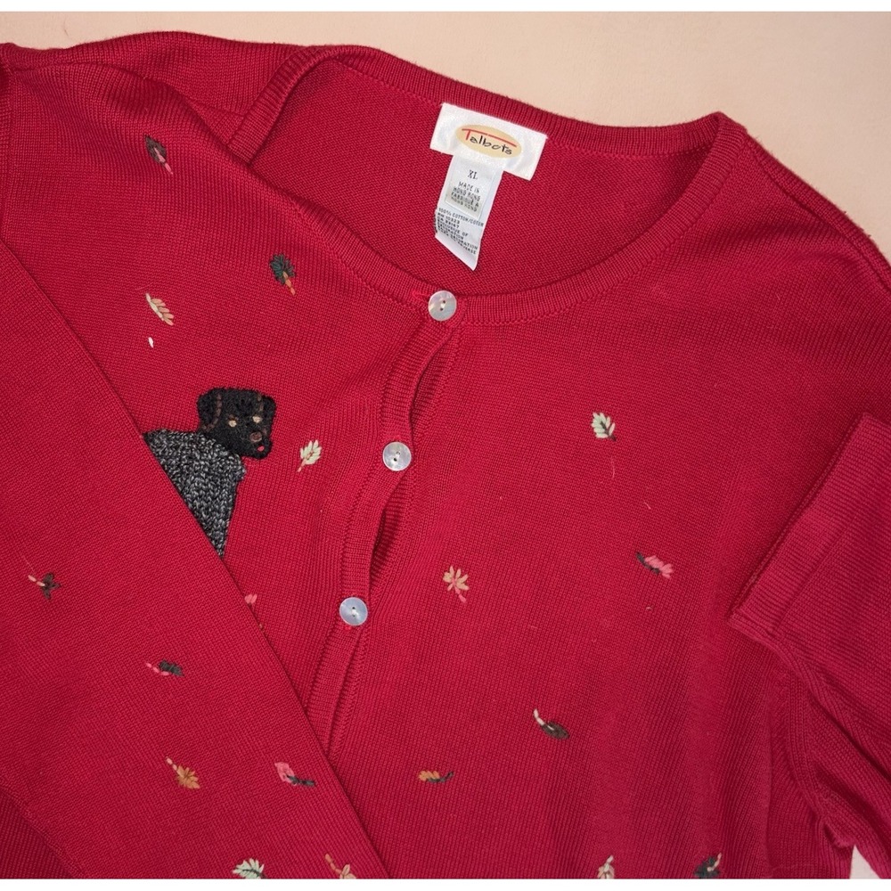 Vintage Talbots Puppy Dogs Embroidered Cardigan Sweater Red XL Flower Motif